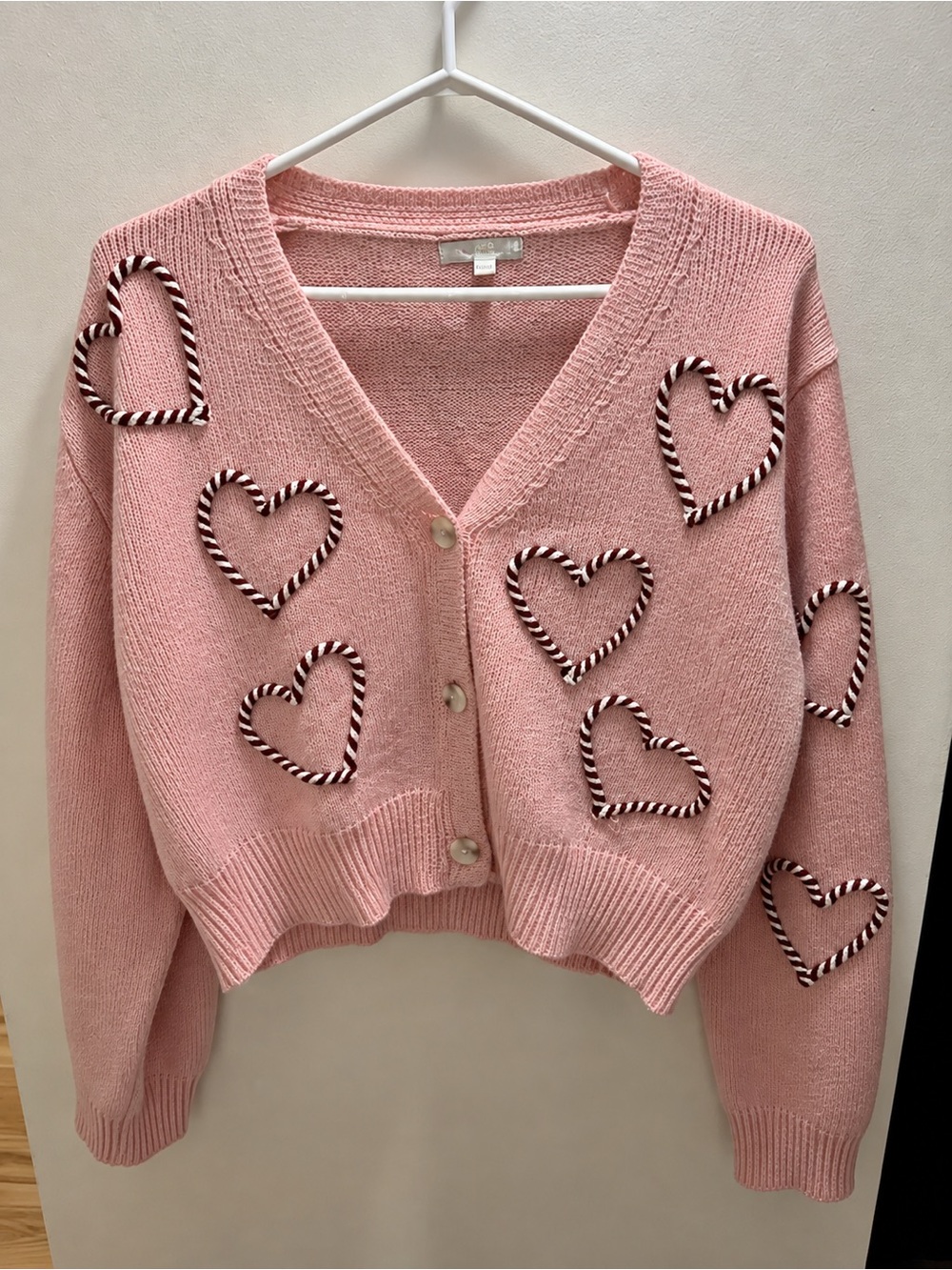 Women's Pink Heart-Appliqué V-Neck Cardigan Sweater